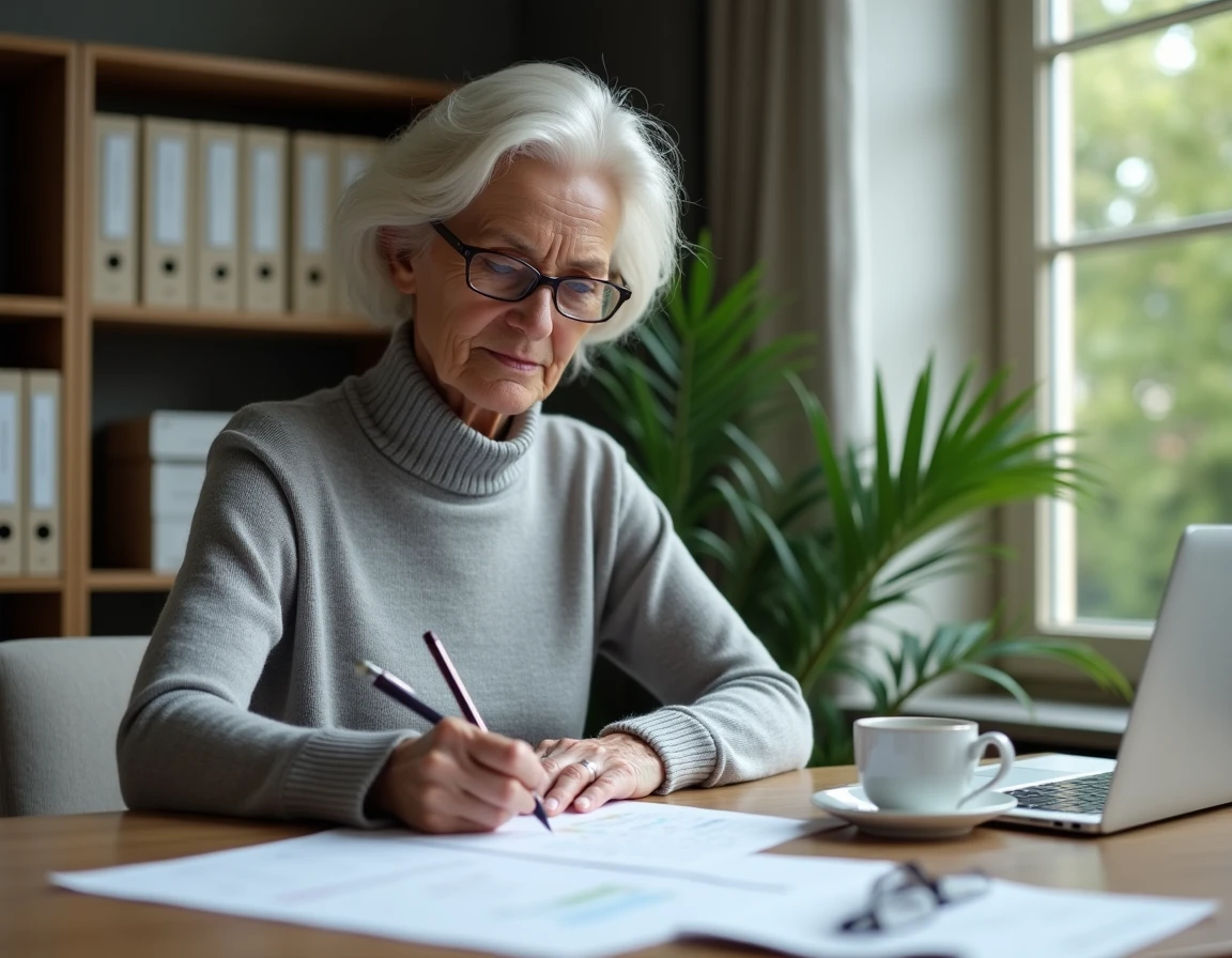 Retraitée calculant seule ses droits à la retraite Agirc-Arrco depuis son bureau à domicile