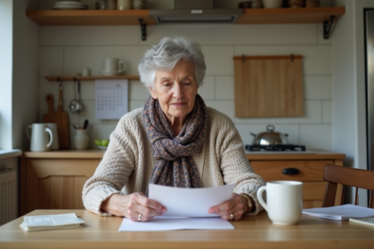 Femme retraitée lisant une lettre dans sa cuisine chaleureuse