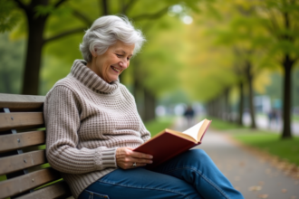 Femme retraitée souriante lisant dans un parc verdoyant