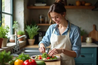 Jeune femme préparant une salade colorée dans la cuisine