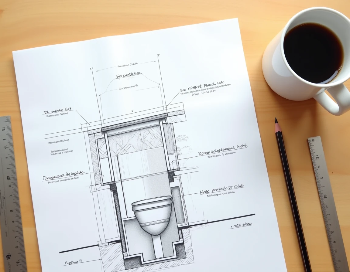 Schéma technique de pose barre WC PMR avec cotations en centimètres posé sur un bureau d'architecte en bois