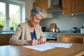 Femme âgée signant documents dans une cuisine accessible