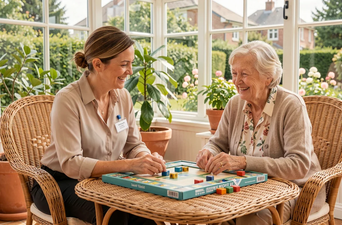 Une accompagnatrice de Senior Compagnie joue à un jeu de société avec une personne âgée dans sa véranda