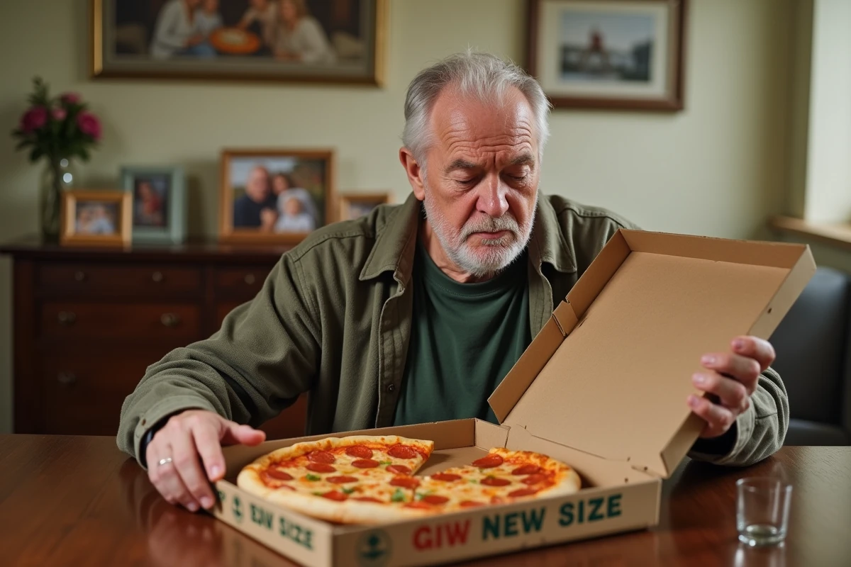 Homme senior comparant le menu imprimé d'une pizzeria avec la taille réelle de sa pizza livrée à domicile