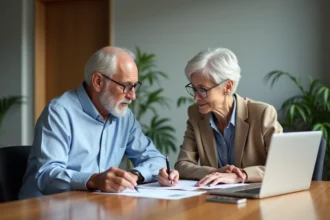 Couple senior en réunion de travail dans un bureau moderne
