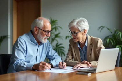 Couple senior en réunion de travail dans un bureau moderne