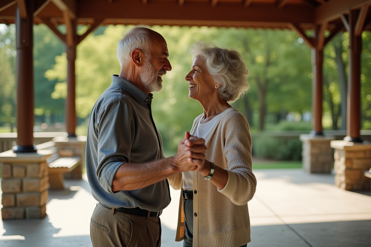 Couple senior dansant dans un pavillon en plein air