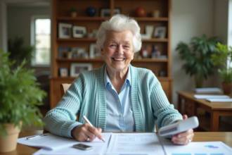 Femme senior souriante avec dispositif d'aide à la maison