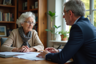 Femme âgée en beige avec documents légaux