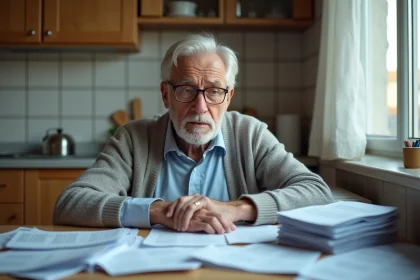Homme senior en cuisine étudiant ses papiers fiscaux