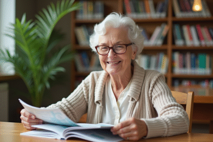 Femme senior souriante lisant des brochures dans une bibliothèque