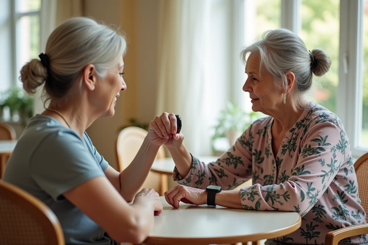 Personne âgée montrant sa montre connectée à un proche dans la salle à manger d'une maison de retraite