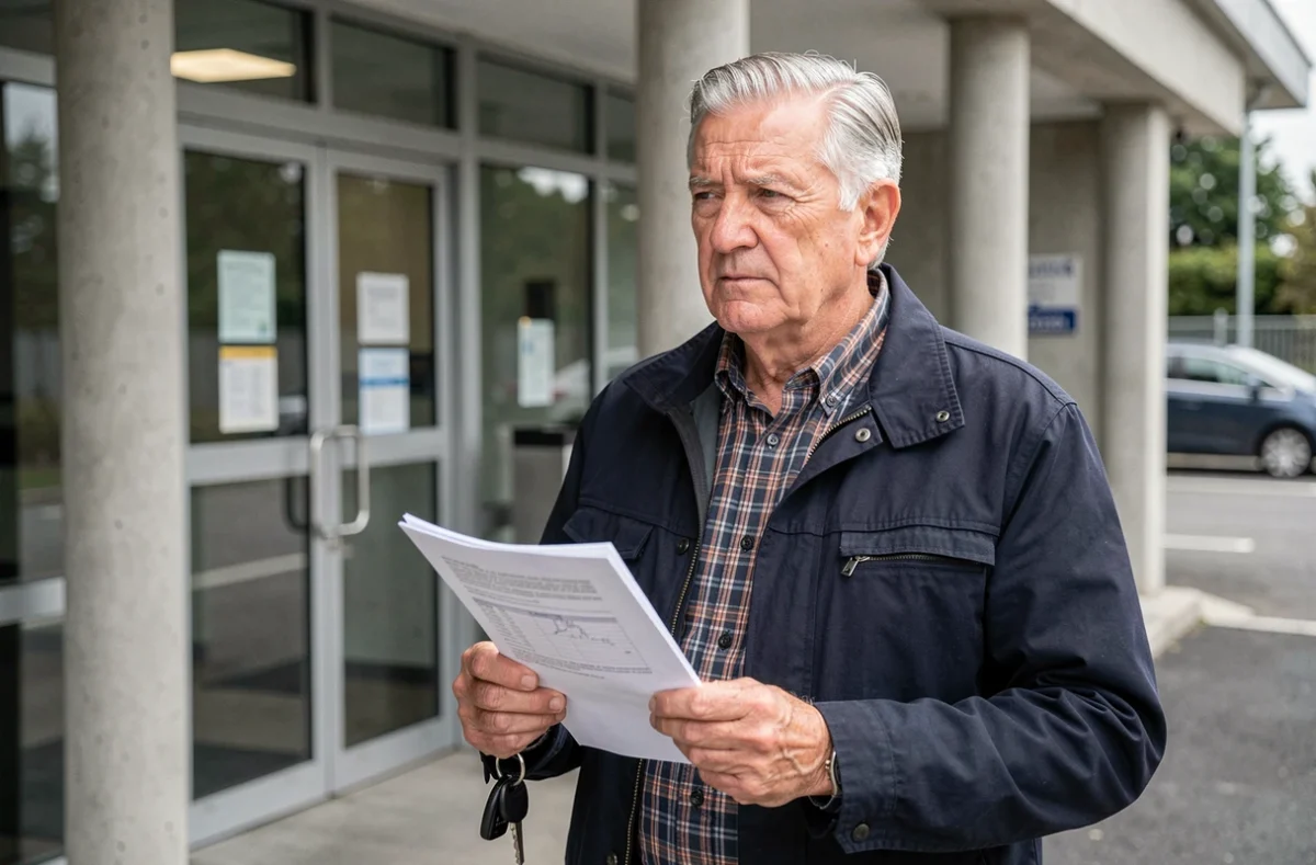 Senior de 75 ans tenant son dossier de renouvellement de permis de conduire devant une préfecture