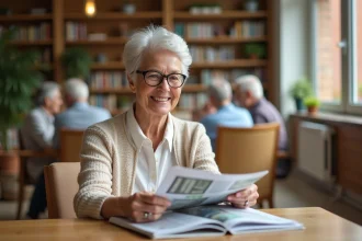Une femme âgée souriante lit un magazine dans le salon commun d'une résidence autonomie à Nîmes