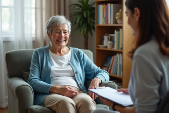Femme senior souriante avec aidante dans un salon chaleureux