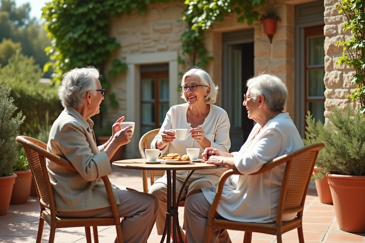 Trois femmes seniors partagent un café en terrasse dans une résidence autonomie à Nîmes