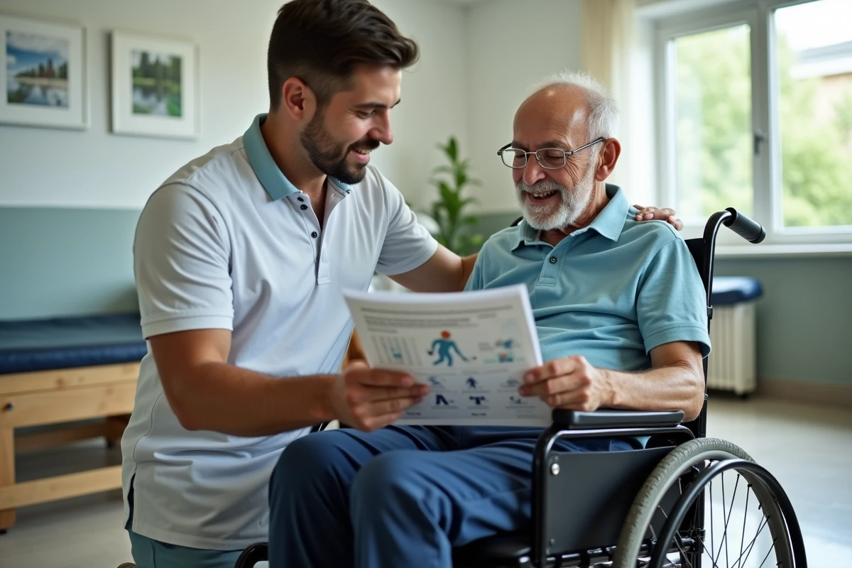 Jeune aidant guidant un senior en fauteuil roulant