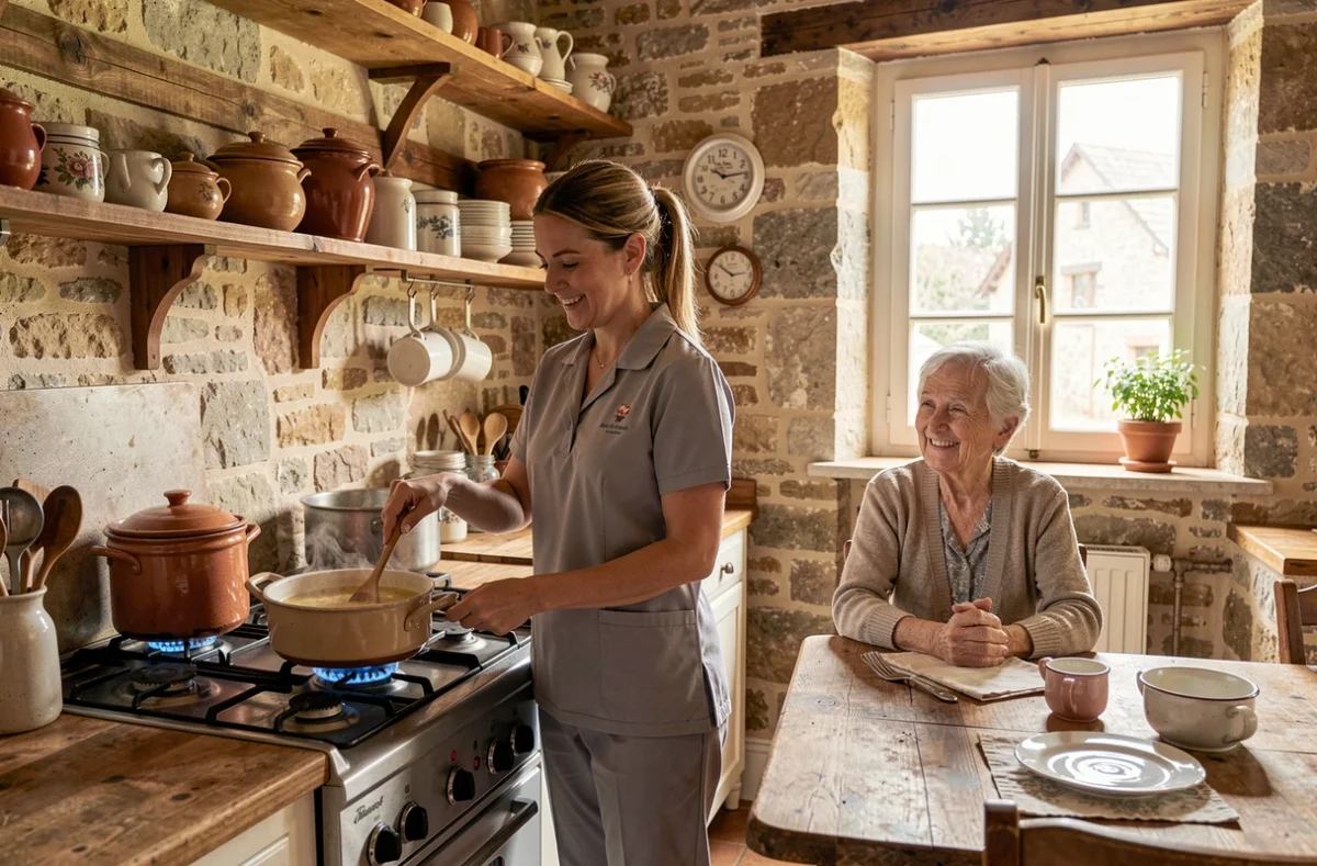 Une aide à domicile de Sous Mon Toit Abbeville prépare un repas chaud pour une personne âgée dans sa cuisine picarde