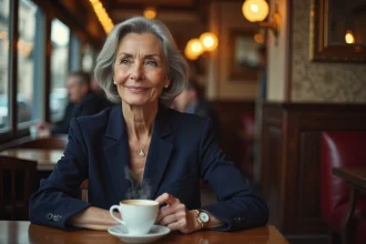 Chanteuse mature aux cheveux argentés assise dans un café parisien, expression nostalgique et souriante évoquant des confidences sur sa vie amoureuse