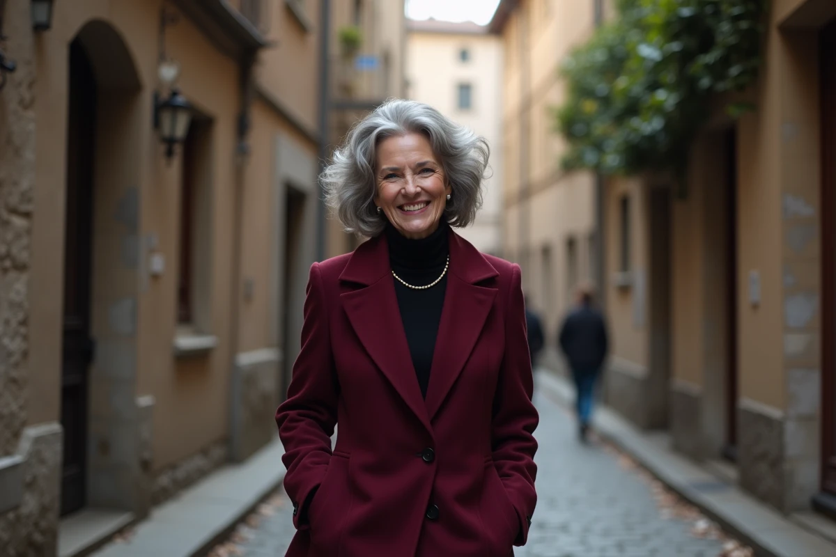 Femme distinguée aux cheveux gris ondulés marchant dans une ruelle pavée européenne en manteau bordeaux, allure confiante évoquant une vie amoureuse épanouie