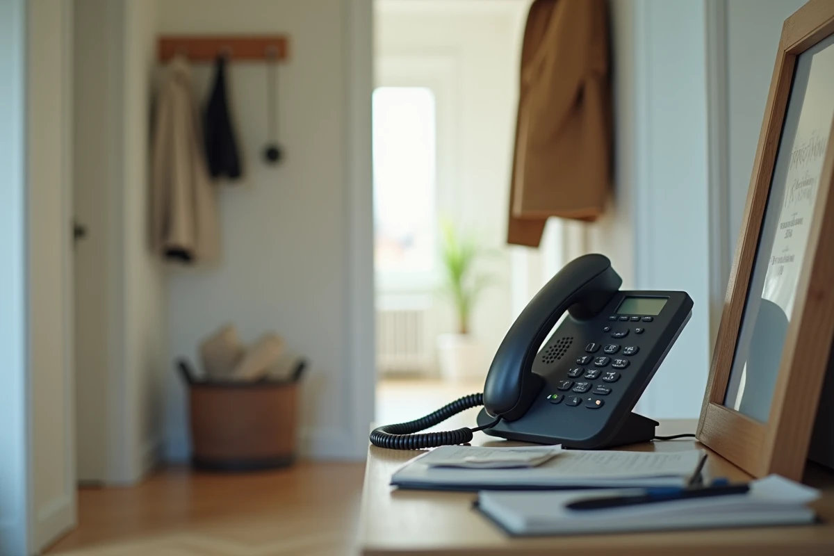 Téléphone fixe sans fil sur meuble d'entrée dans une résidence principale française