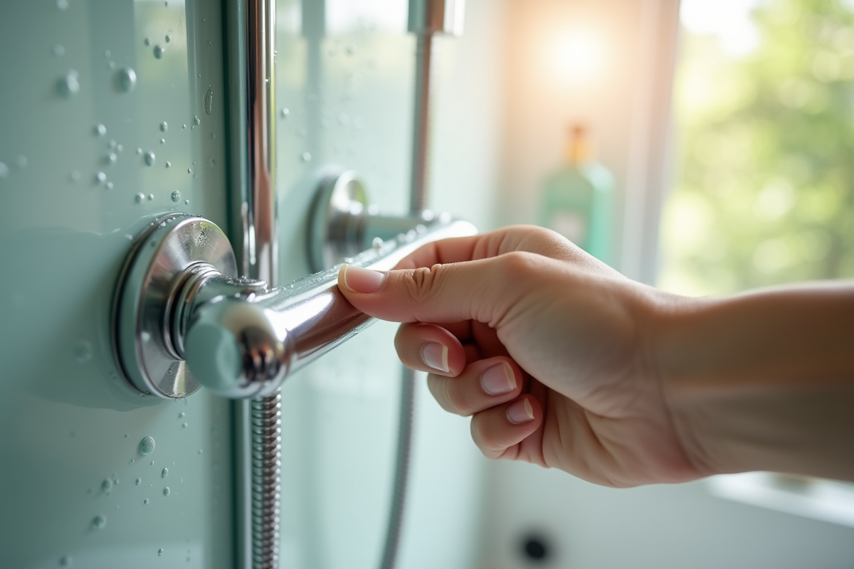 Main testant une barre de suction dans la douche avec gouttes d