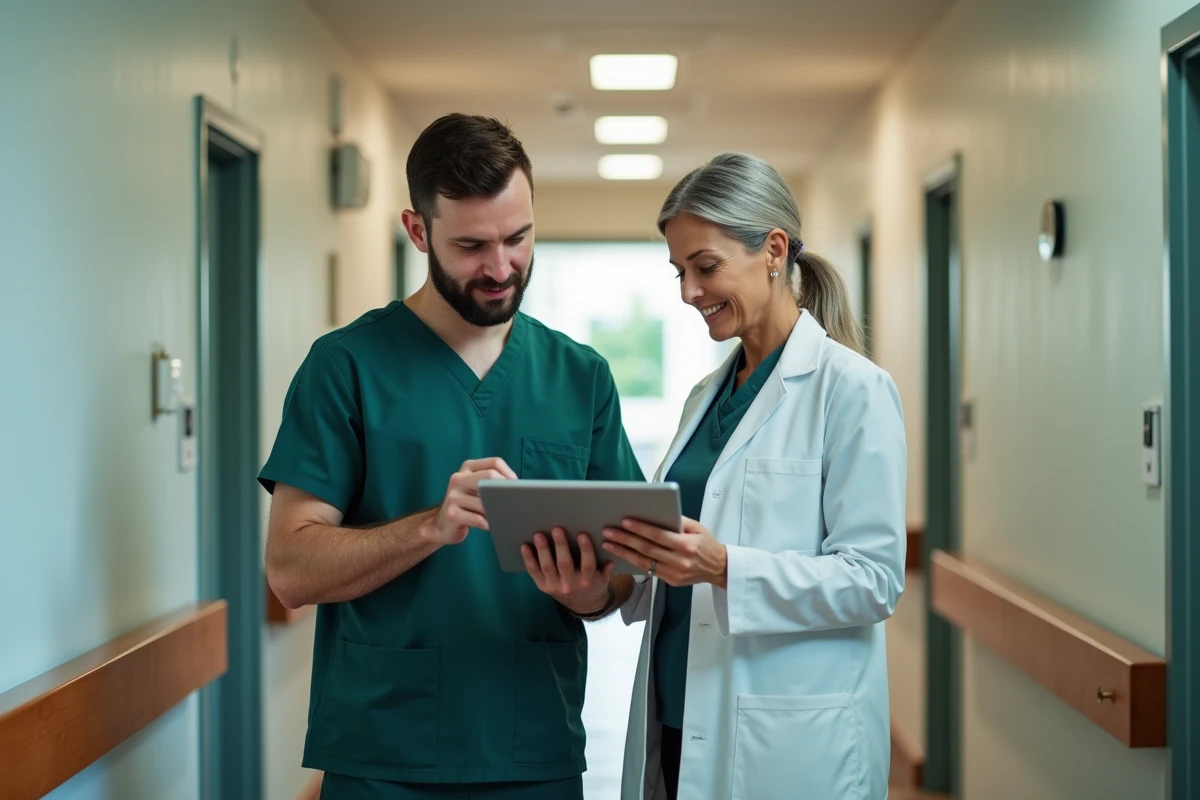 Aide-soignant et coordinatrice soins consultant les transmissions sur tablette en EHPAD