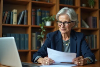 Femme tutrice consultant des documents administratifs sur le portail Proxima pour la gestion d'une tutelle