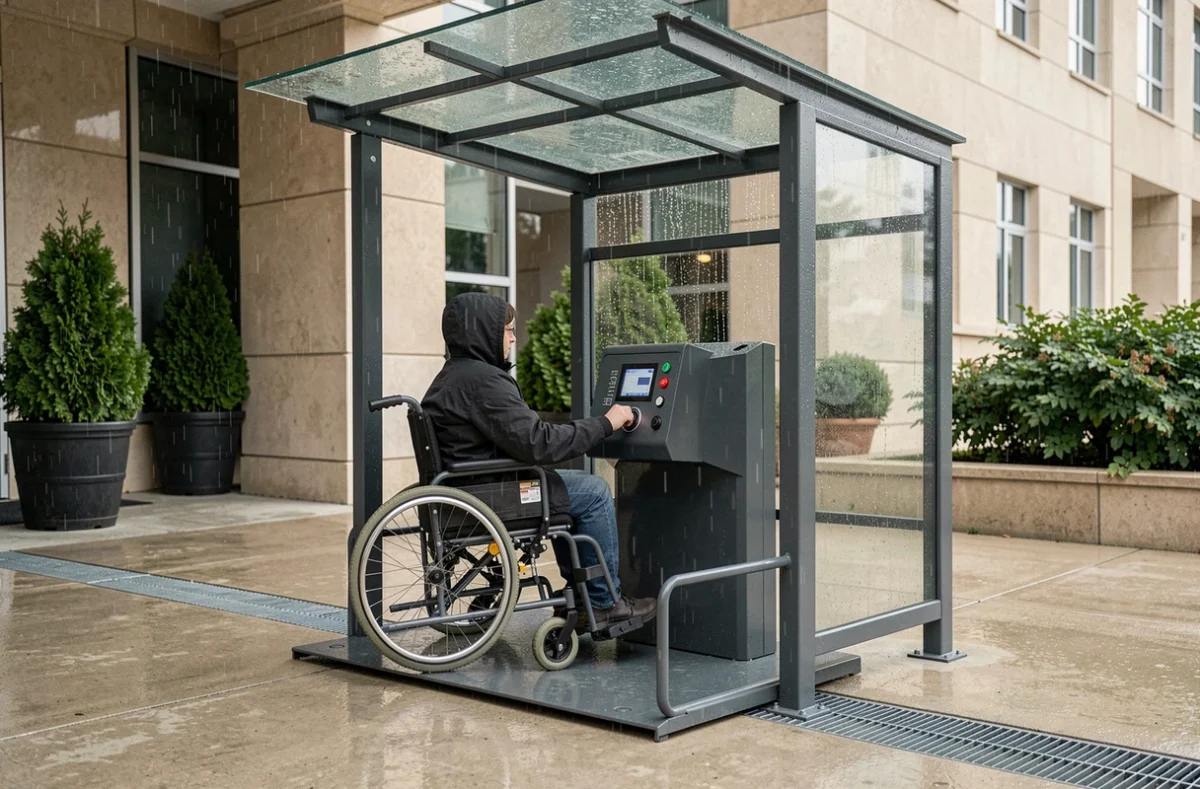 Personne en fauteuil roulant utilisant un élévateur PMR extérieur sous auvent de protection par temps de pluie