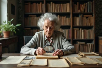 Une femme très âgée examine des documents d'archives anciens à la loupe, entourée de photos jaunies et de registres manuscrits