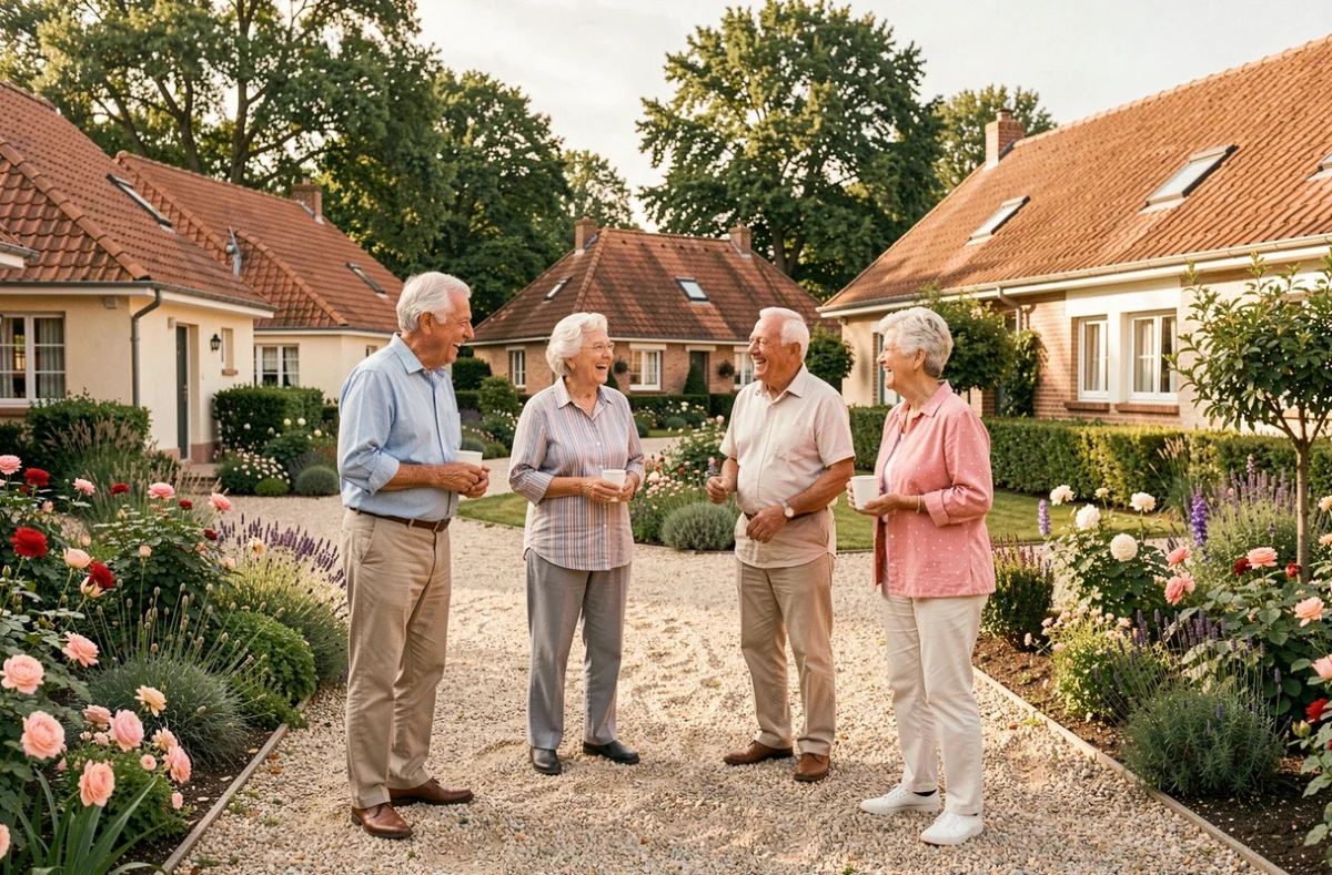 Groupe de résidents participant à une activité de plein air dans le cadre verdoyant des Villages d'Or à Fleury-les-Aubrais
