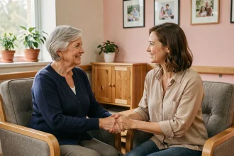 Visite familiale à la Maison Zélia : une résidente âgée tient la main de sa fille adulte dans un salon chaleureux et aménagé avec soin