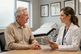 Médecin généraliste réalisant une visite médicale pour le renouvellement du permis de conduire d'un senior de plus de 70 ans