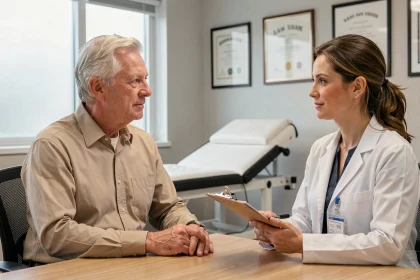 Médecin généraliste réalisant une visite médicale pour le renouvellement du permis de conduire d'un senior de plus de 70 ans