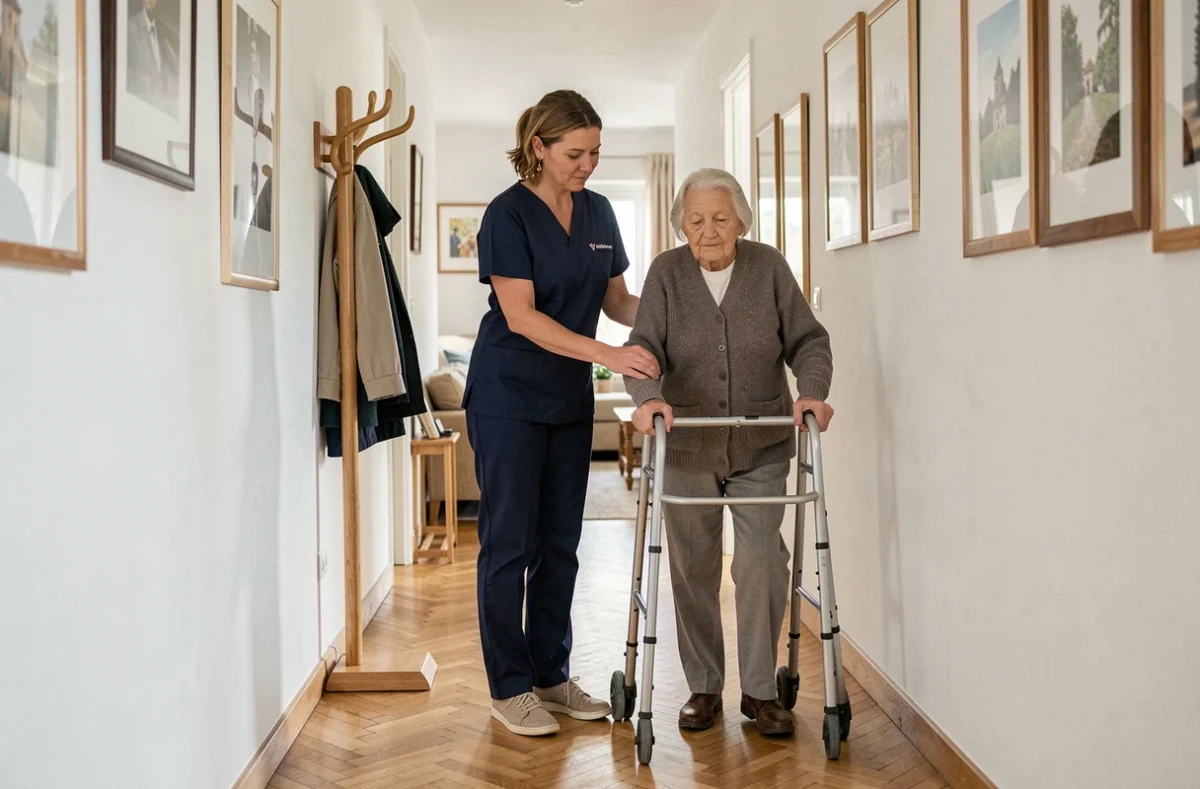 Une auxiliaire Vitalliance Amiens accompagne une dame âgée avec un déambulateur dans le couloir de son appartement