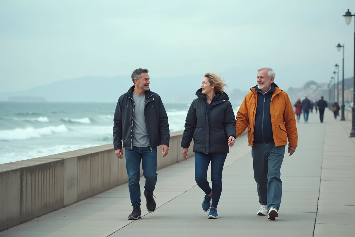 Groupe multigénérationnel marchant ensemble sur une promenade en bord de mer, comparaison des vitesses de marche selon l'âge