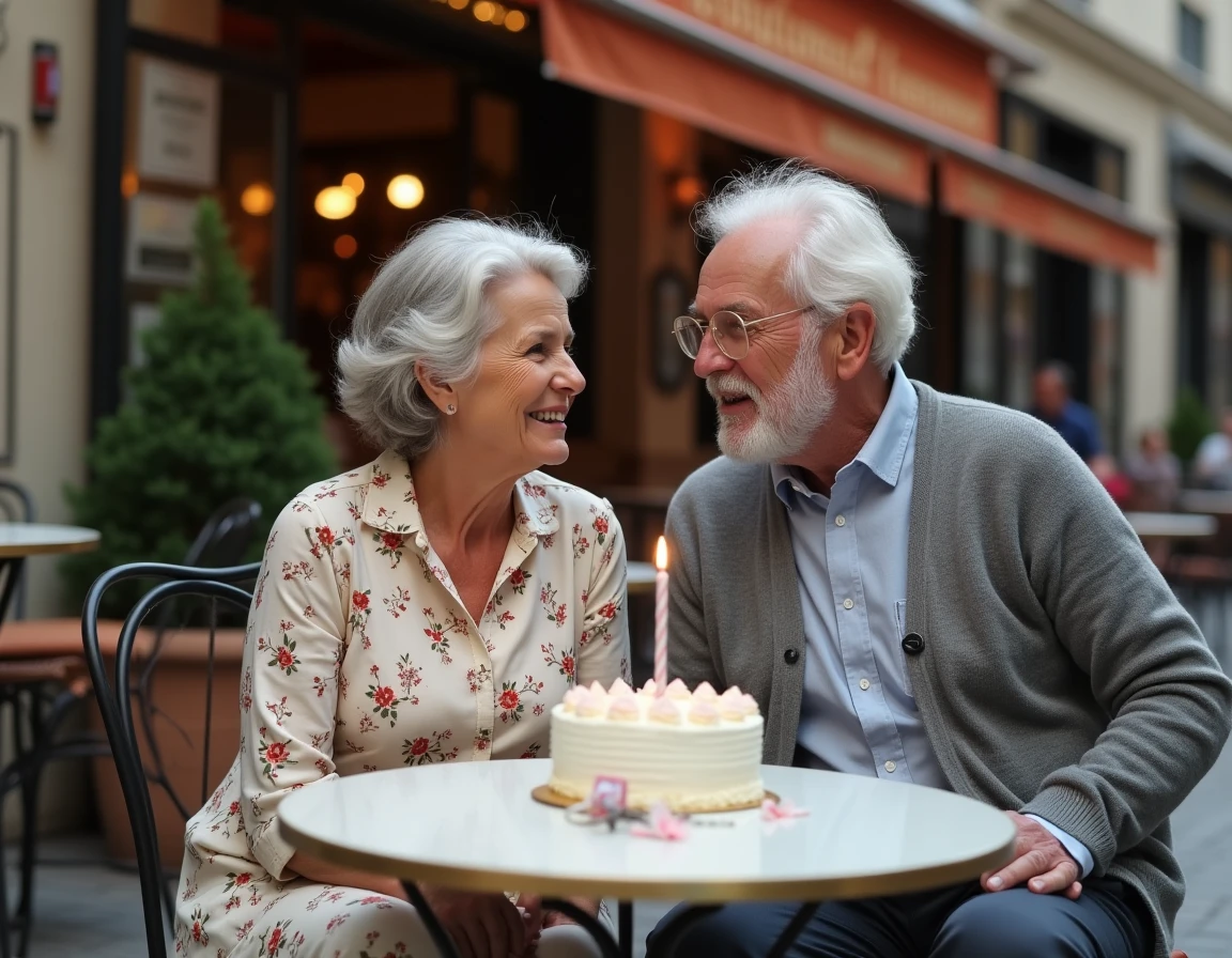 Couple de 70 ans complice autour d'un gâteau d'anniversaire à la terrasse d'un café français