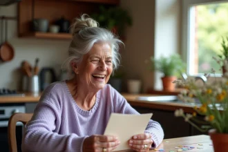 Grand-mère souriante de 70 ans qui lit une carte d'anniversaire humoristique dans sa cuisine chaleureuse