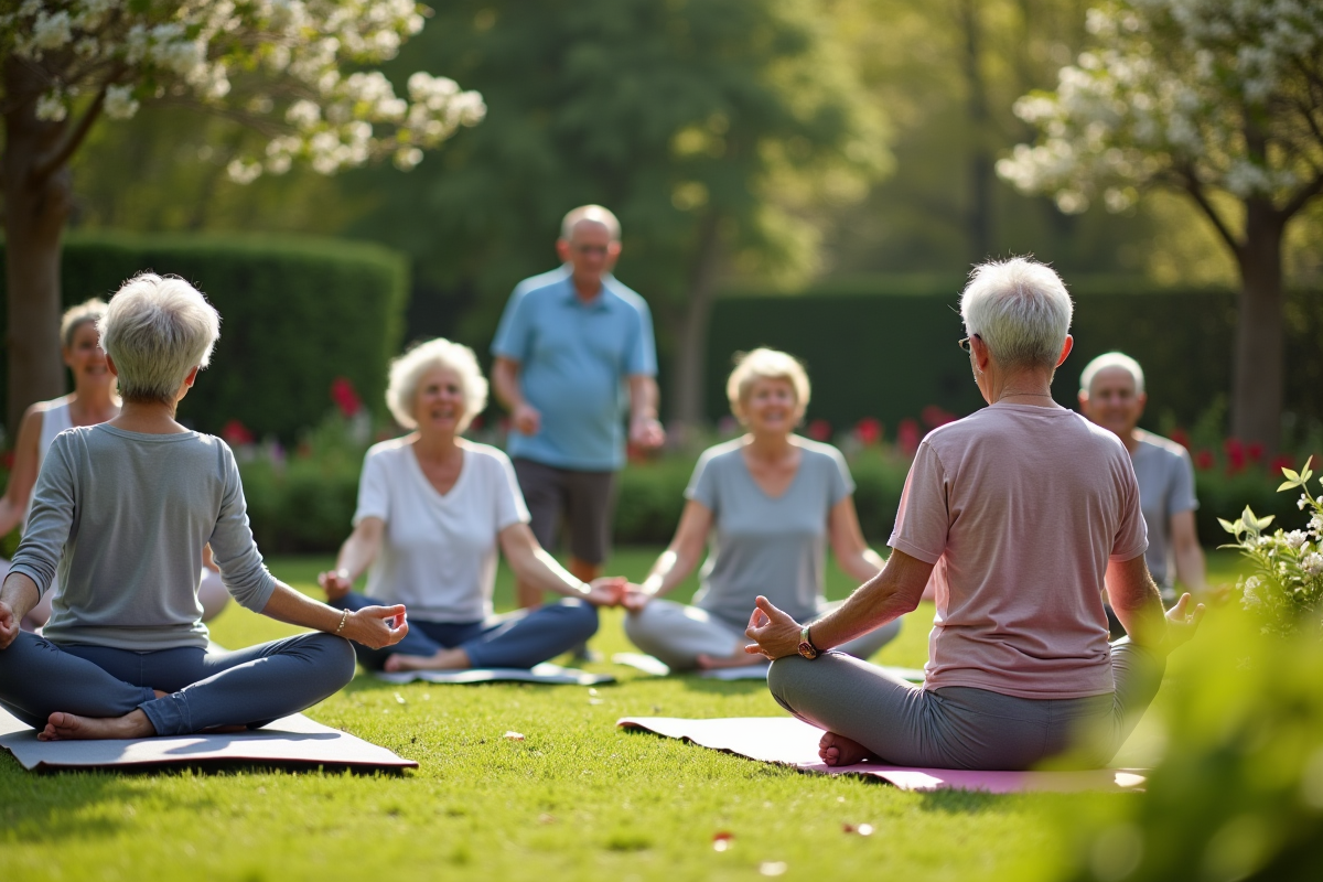 Groupe de seniors faisant du yoga dans un jardin fleuri